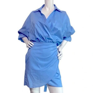Everly NEW Blue Collared Ruffle Faux Wrap Pockets Ruched Shirt Mini Dress Size S